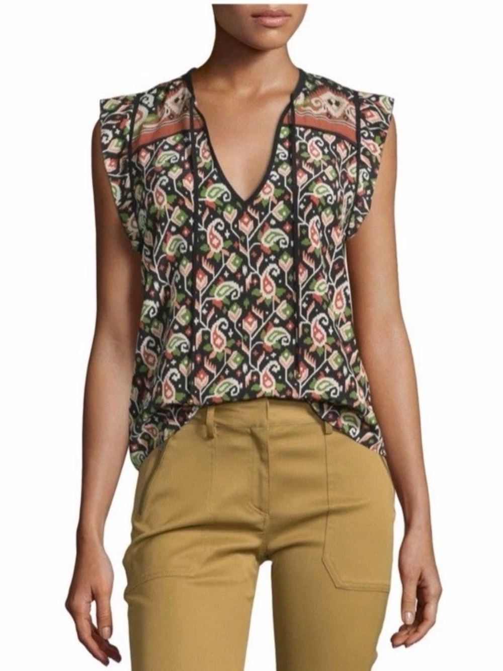 Veronica Beard Silk Sleeveless Blouse Ikat Print Tie Neck Size 6